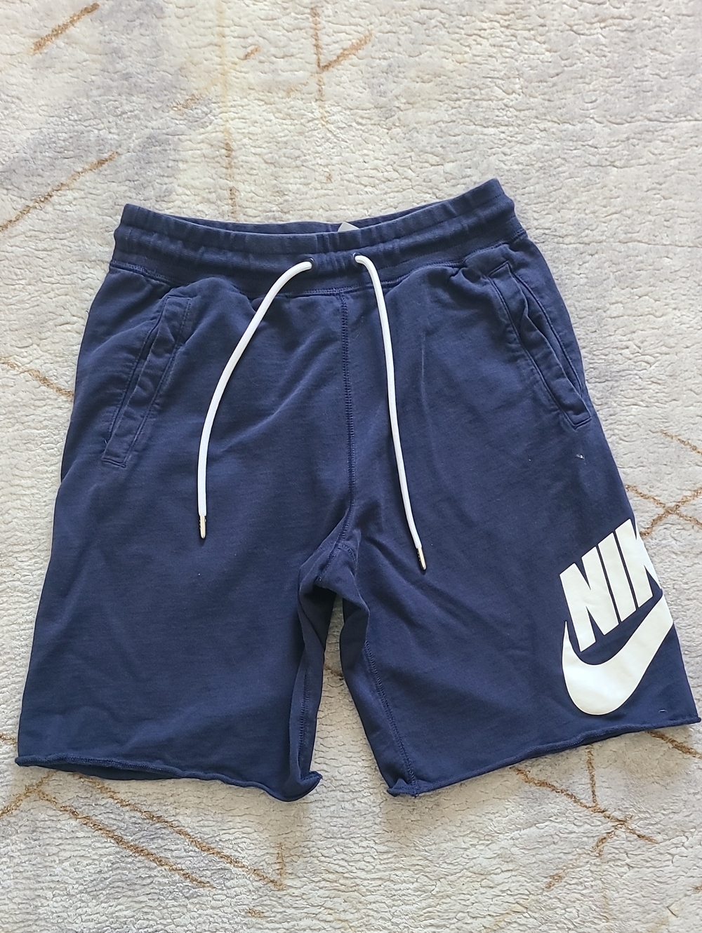Nike Men’s Small Navy Cotton Alumni French Terry Shorts Big Swoosh Raw Hem